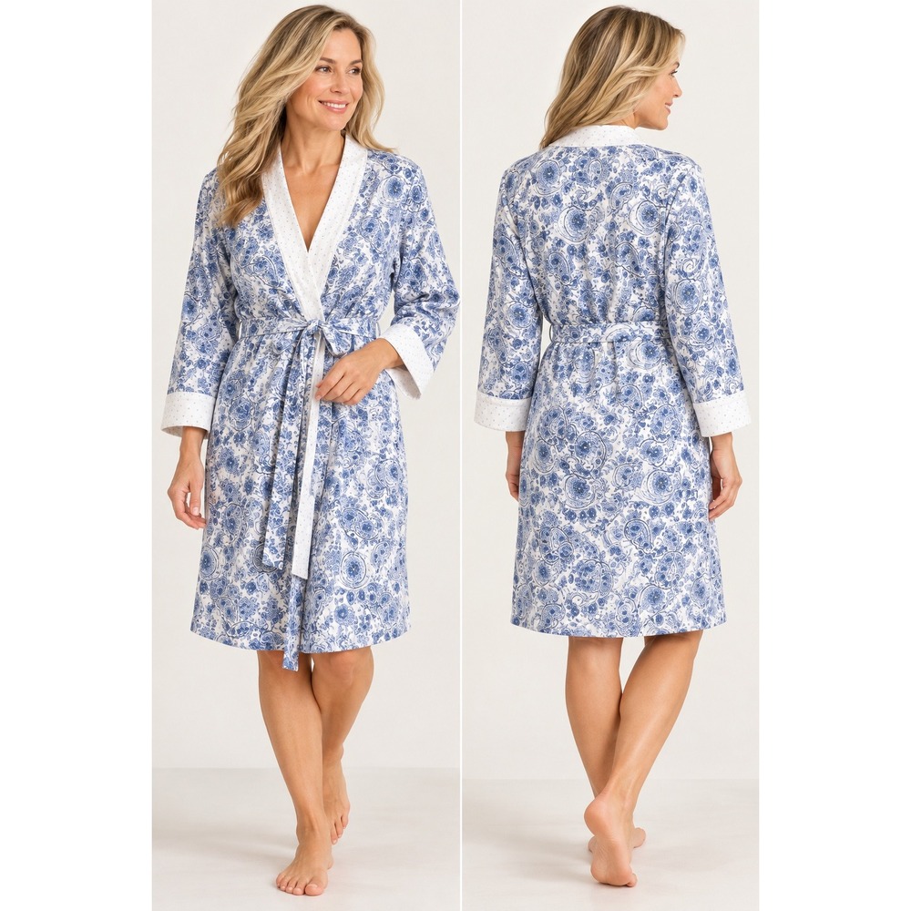 Carole Hochman Cottagecore Blue White Paisley Cotton Woman's Short Robe Size L